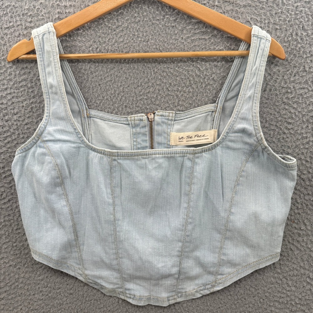 Free People We The Free Corset Top Womens Small Light Blue Denim Crop Tank Boho